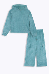 Kids Velour Tracksuit – Teal Ribbed Set